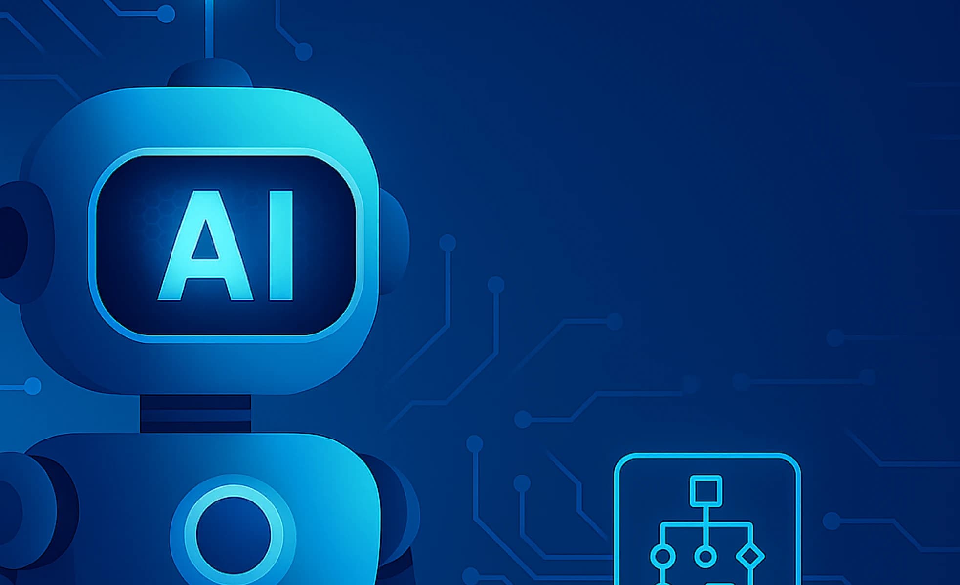 Blauwe illustratie van een robot met AI op het scherm naast een flowdiagram, beeld bij AI-agenten in productie