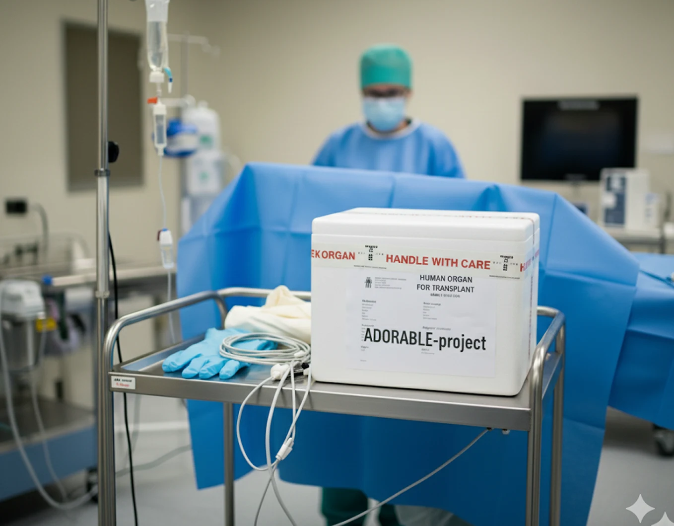 Witte transportbox met de tekst Human organ for transplant en ADORABLE-project op een steriele kar in een operatiekamer, met een chirurg op de achtergrond