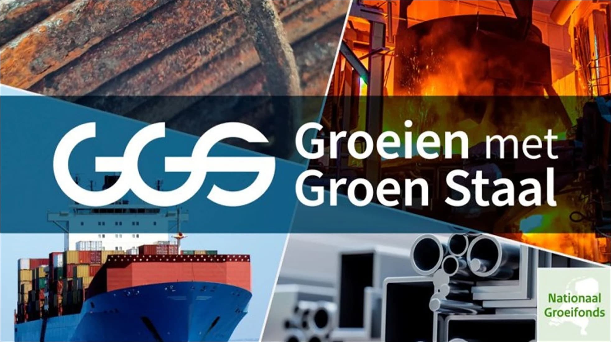 Collage met beelden uit de staalindustrie en het logo GGS Groeien met Groen Staal en het Nationaal Groeifonds