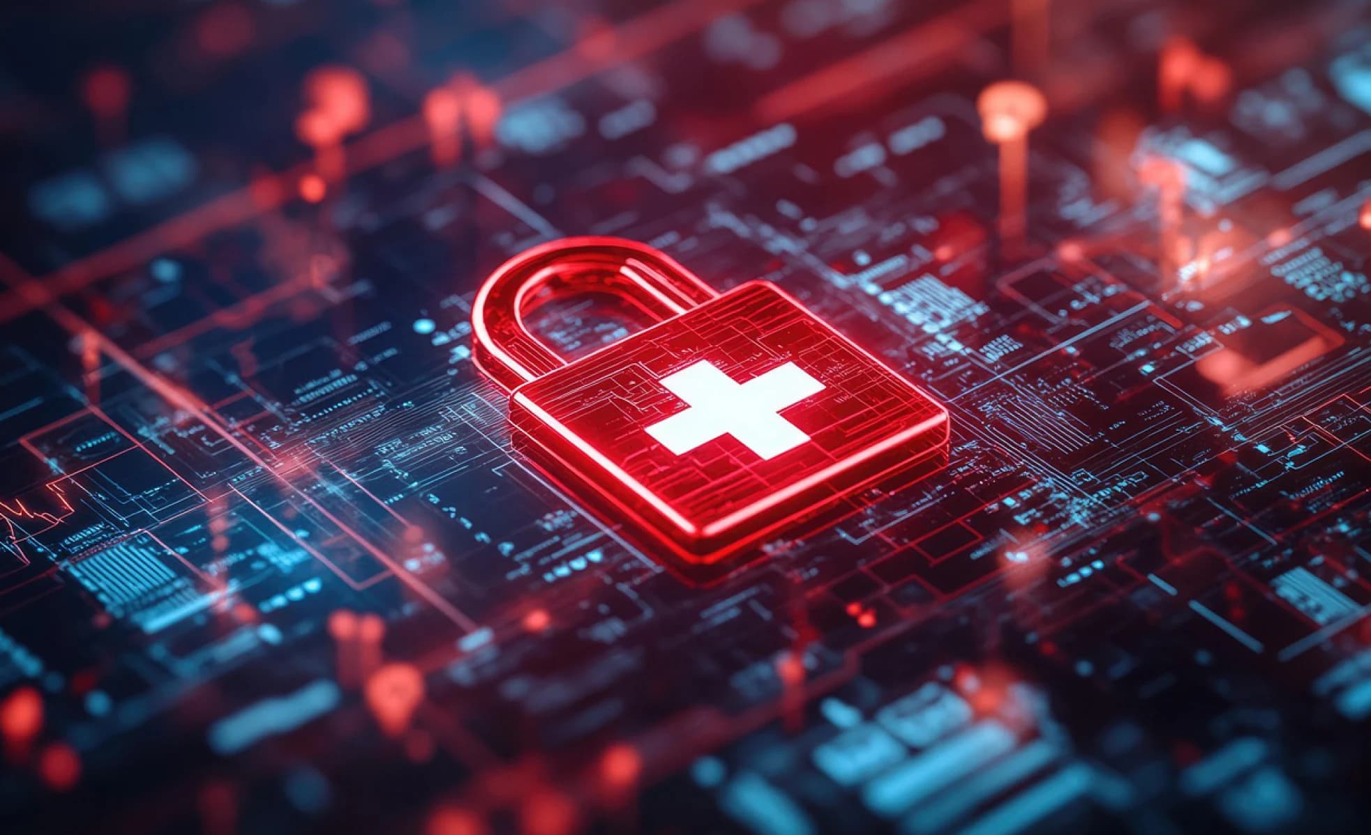 Rood hangslot met een wit medisch kruis op een digitale achtergrond, symbool voor veilige uitwisseling van gezondheidsdata met openEHR