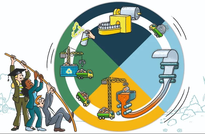 Illustratie van de circulaire staalketen van Groeien met Groen Staal, met productie, recycling en transport van staal